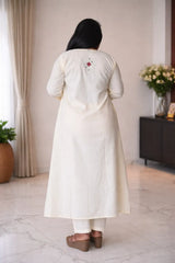 Off White Cotton Ethnic Embroidered A-Line Kurta Set