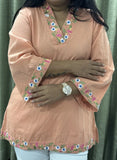 Peach Cotton Short Kurti with Floral Embroidery Work