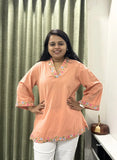 Peach Cotton Short Kurti with Floral Embroidery Work