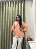 Peach Cotton Short Kurti with Floral Embroidery Work