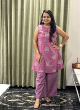 Pink & Blue Cotton 2 Piece Kurti Set With Sleeveless Kurti & Geometric Pants