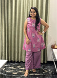 Pink & Blue Cotton 2 Piece Kurti Set With Sleeveless Kurti & Geometric Pants