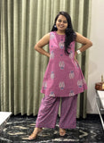 Pink & Blue Cotton 2 Piece Kurti Set With Sleeveless Kurti & Geometric Pants