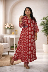 Red Floral Printed Cotton Kurti Set with Handwork Detailing in Neck