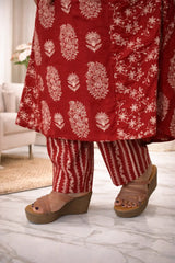 Red Floral Printed Cotton Kurti Set with Handwork Detailing in Neck