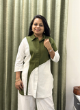 Green and Offwhite Cotton Katha Coord set