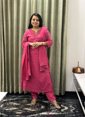 Rani pink mulcotton sequence embroidered dress