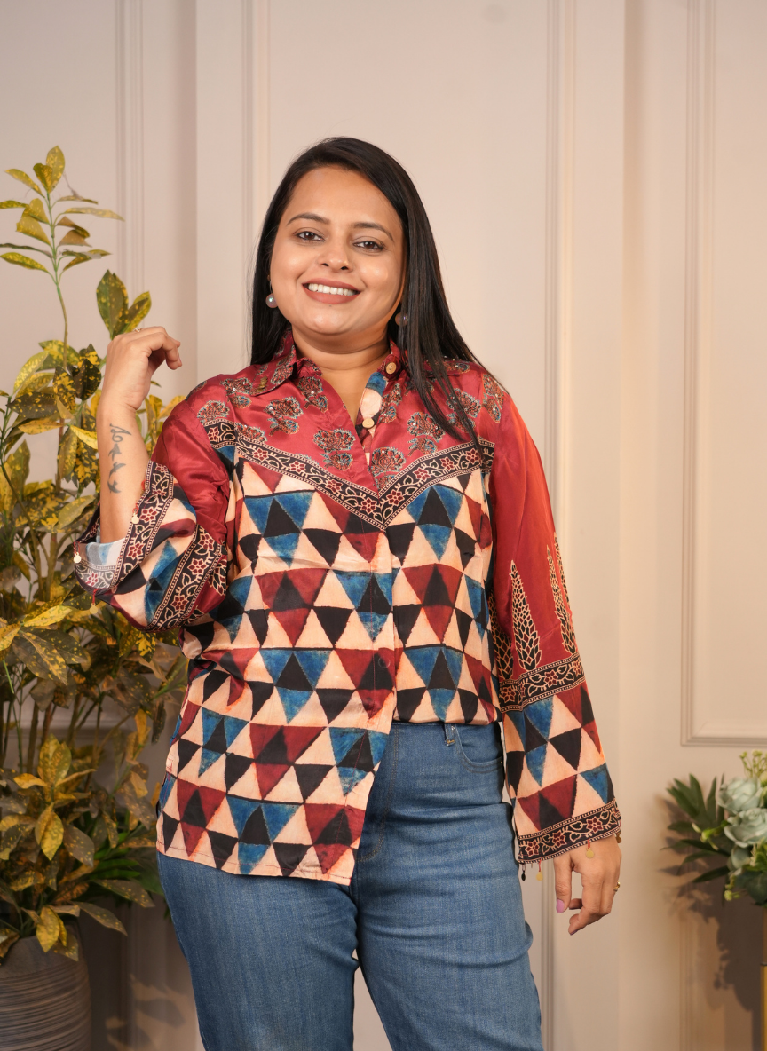 Maroon Geomatric Print crape silk shirt