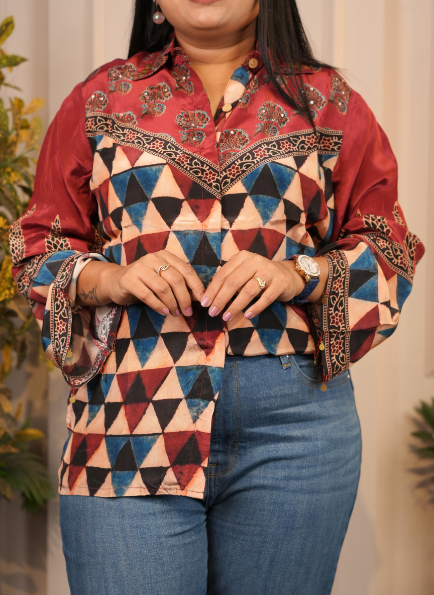 Maroon Geomatric Print crape silk shirt