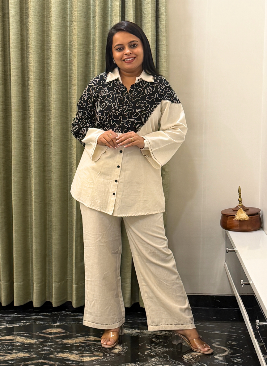 Black & off-white khadi cotton co-ord set