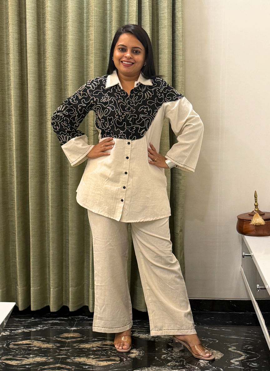 Black & off-white khadi cotton co-ord set
