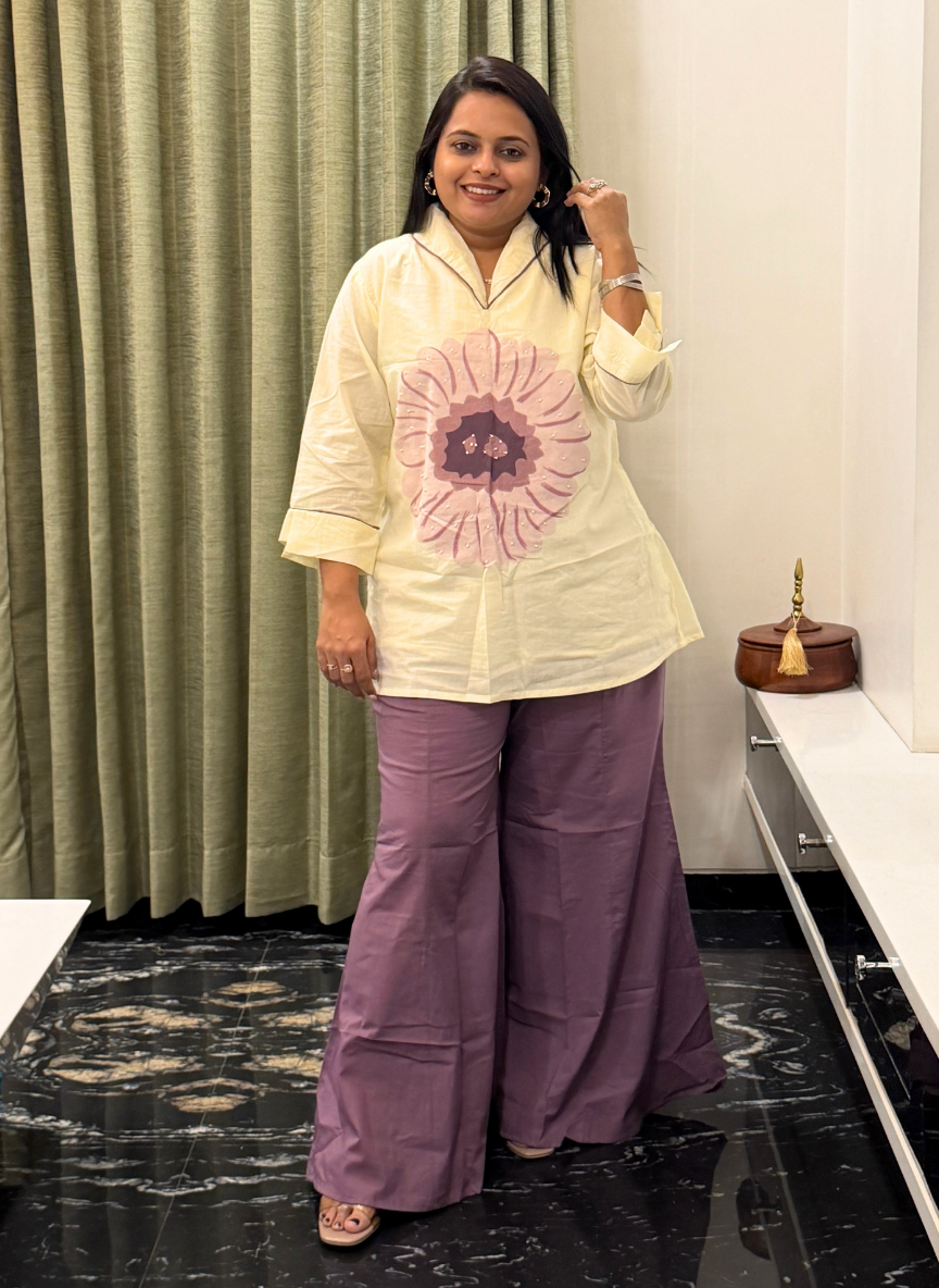 Purple & off-white cotton co-ord set