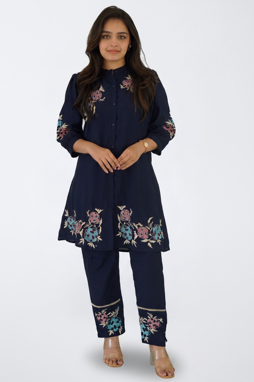 Dark Blue Silk Co-Ord Set – Festive Wear