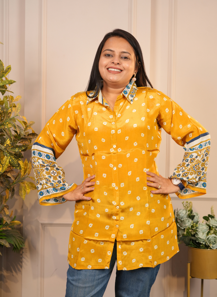 Yellow bandhni crape silk shirt