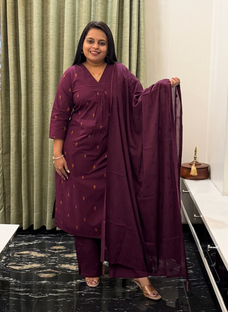 Wine jamdani cotton dress