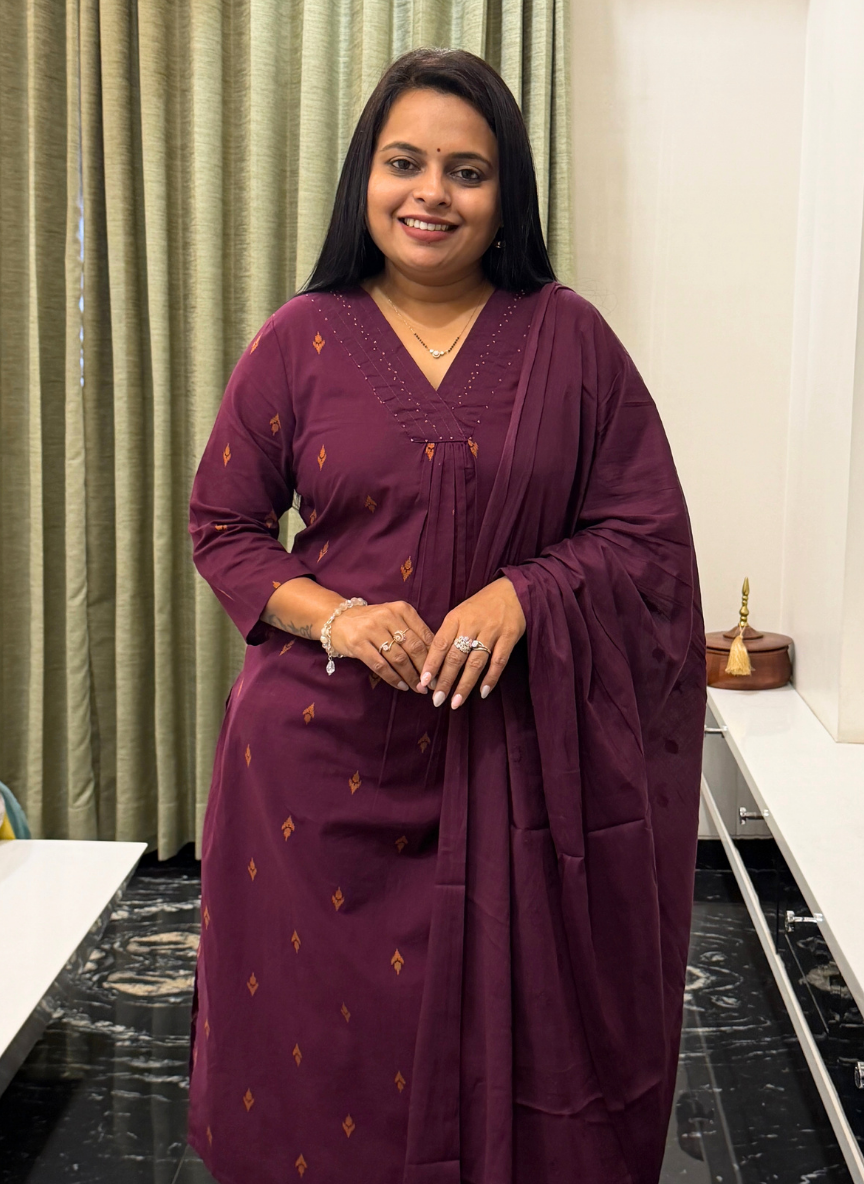 Wine jamdani cotton dress
