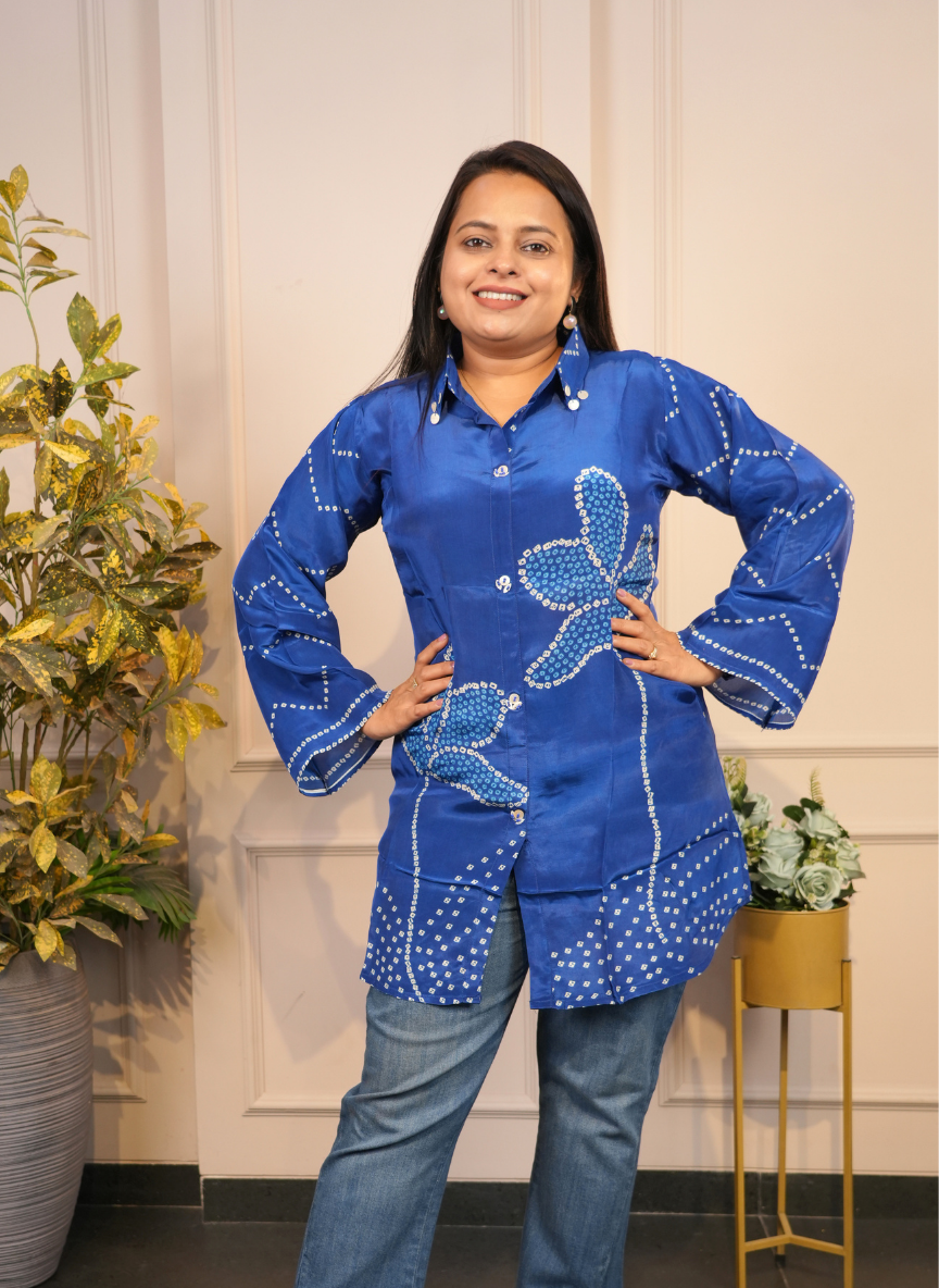 Blue bandhni crape silk shirt