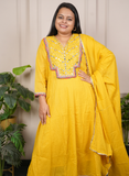 Yellow anarkali mulcotton dress with mirrorwork detaling on neck