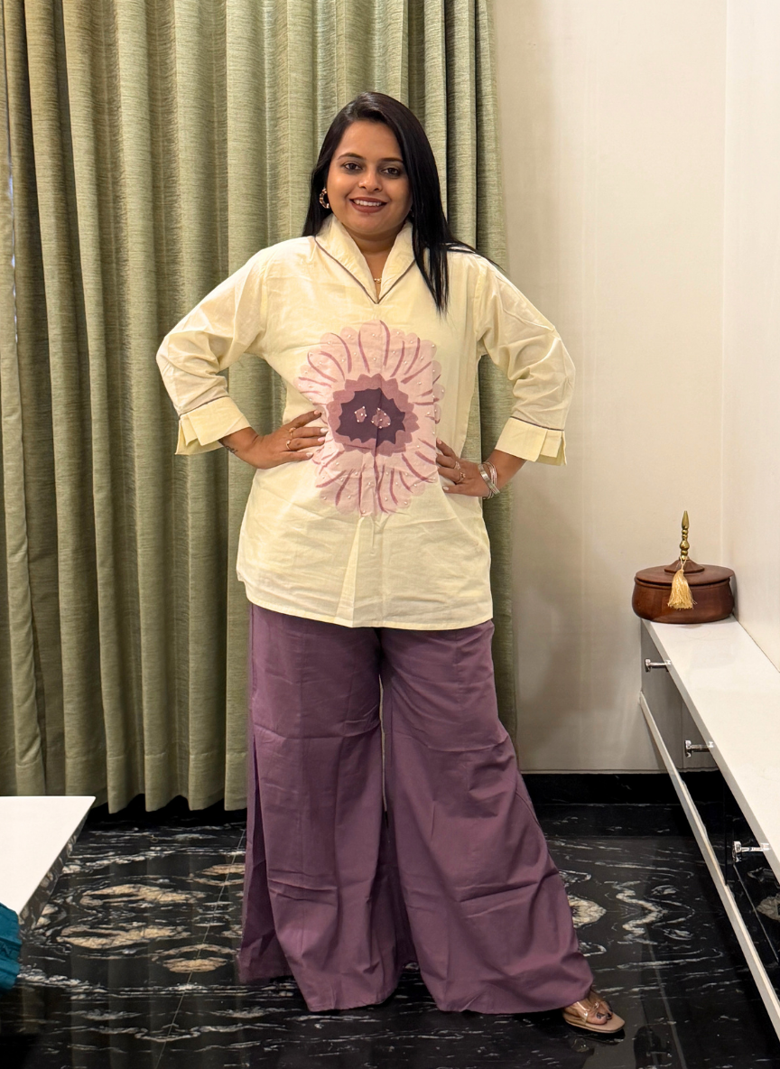 Purple & off-white cotton co-ord set