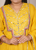 Yellow anarkali mulcotton dress with mirrorwork detaling on neck
