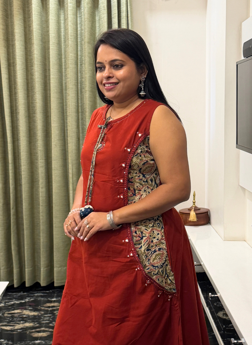 Rust red kurti set with side mirror work detailing