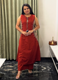 Rust red kurti set with side mirror work detailing
