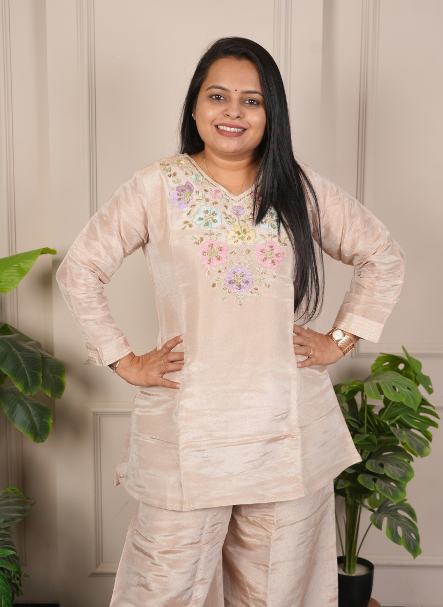 Onion pink tissue co-ord set with hand work detaling