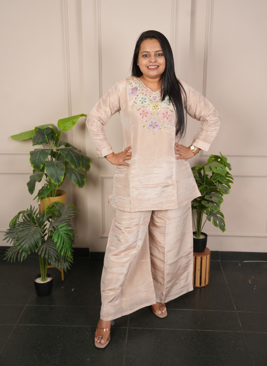 Onion pink tissue co-ord set with hand work detaling
