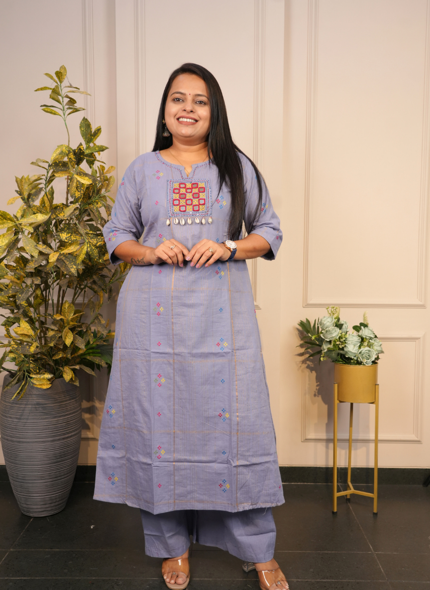 Handloom cotton light purple handwork kurti set