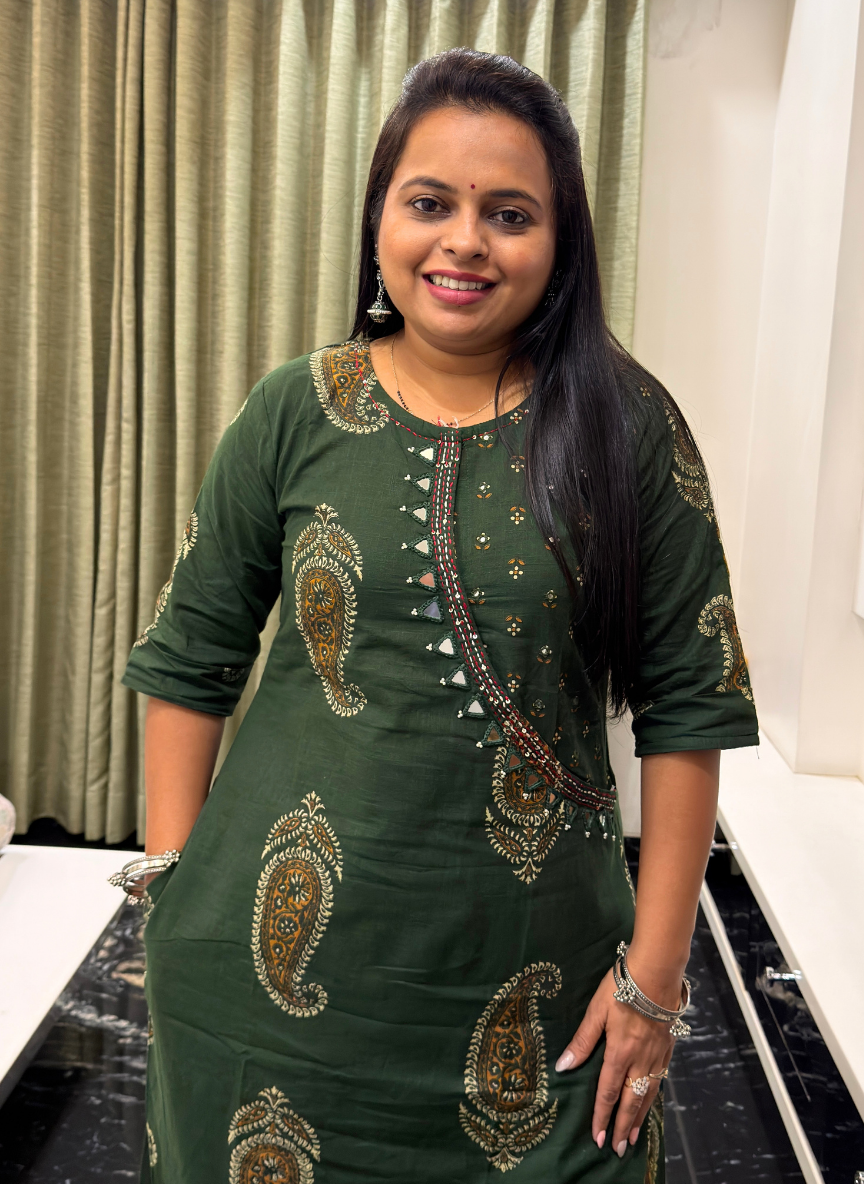 Green mirror work kurti set