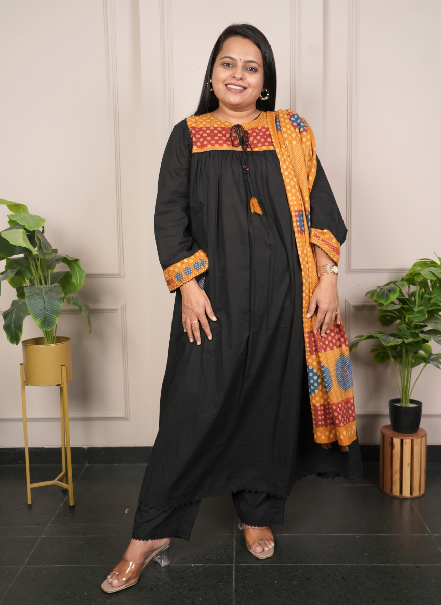 Black and yellow block print cotton dress (loose fit)