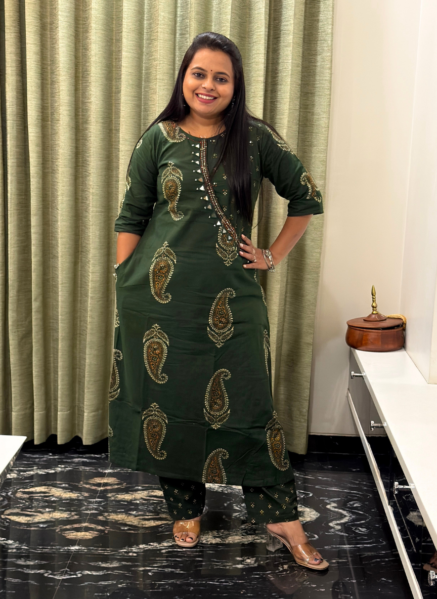 Green mirror work kurti set