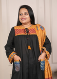 Black and yellow block print cotton dress (loose fit)