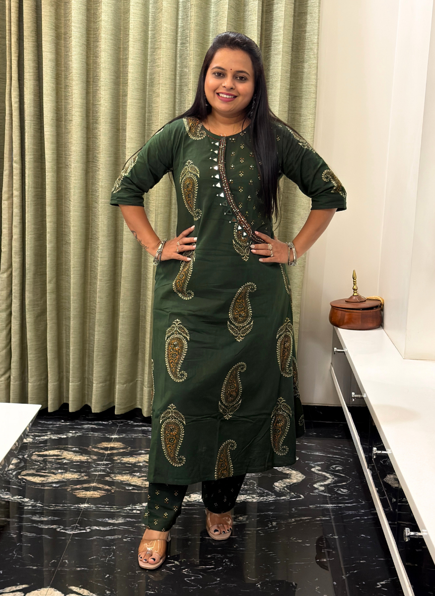 Green mirror work kurti set