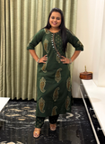 Green mirror work kurti set