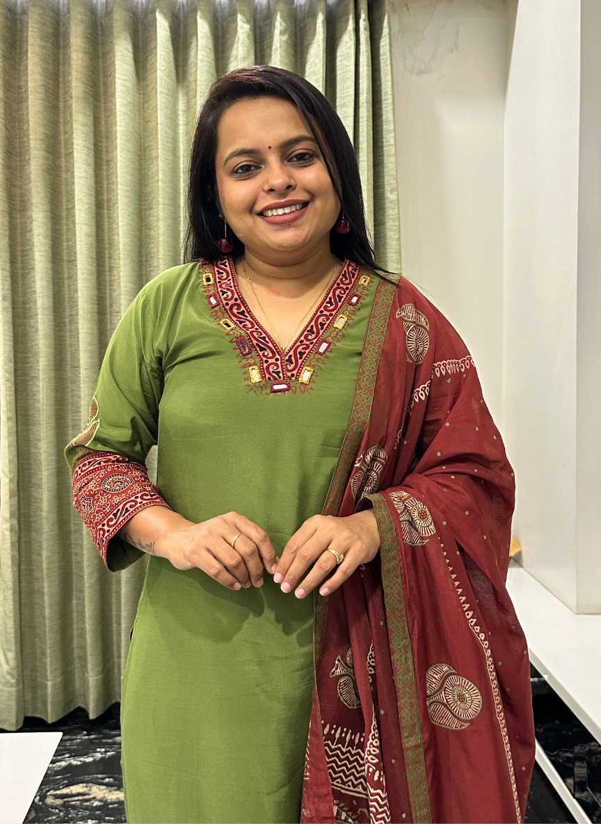 Olive green and red silk dress