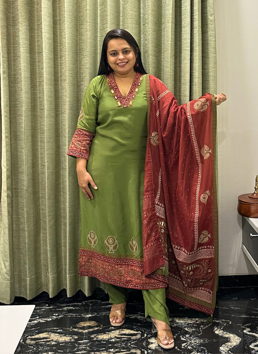 Olive green and red silk dress