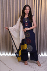Navy Blue Printed Cotton Kurta Set with Matching Pants & Dupatta – 3 Piece Set
