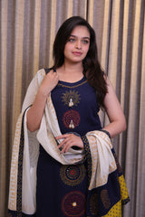 Navy Blue Printed Cotton Kurta Set with Matching Pants & Dupatta – 3 Piece Set