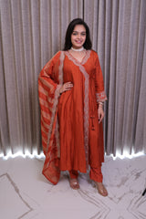 Rust Embellished Silk Kurta Set with Matching Pants & Dupatta – 3 Piece Set