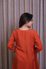 Rust Embellished Silk Kurta Set with Matching Pants & Dupatta – 3 Piece Set