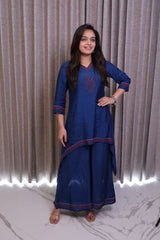 Dark Blue Embroidered Kurti Co-Ord Set with Asymmetric Hem & Wide-Leg Pants