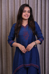 Dark Blue Embroidered Kurti Co-Ord Set with Asymmetric Hem & Wide-Leg Pants