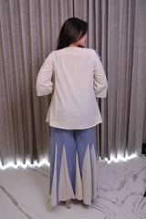 Cream & Blue Embroidered Khadi Cotton Top with Flared Palazzo Co-Ord Set