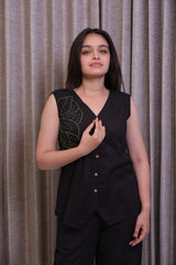 Black Solid Cotton Co-Ord Set with Leaf Embroidery & Wide-Leg Pants