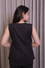 Black Solid Cotton Co-Ord Set with Leaf Embroidery & Wide-Leg Pants