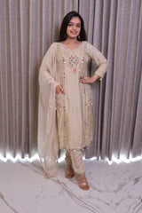 Champagne Off White Hand-Embellished Silk Salwar Suit Set