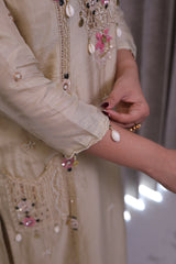 Champagne Off White Hand-Embellished Silk Salwar Suit Set