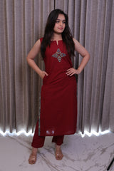 Red Solid Sleeveless Kurti with Embroidered Yoke & Straight Pants – 2 Piece Set