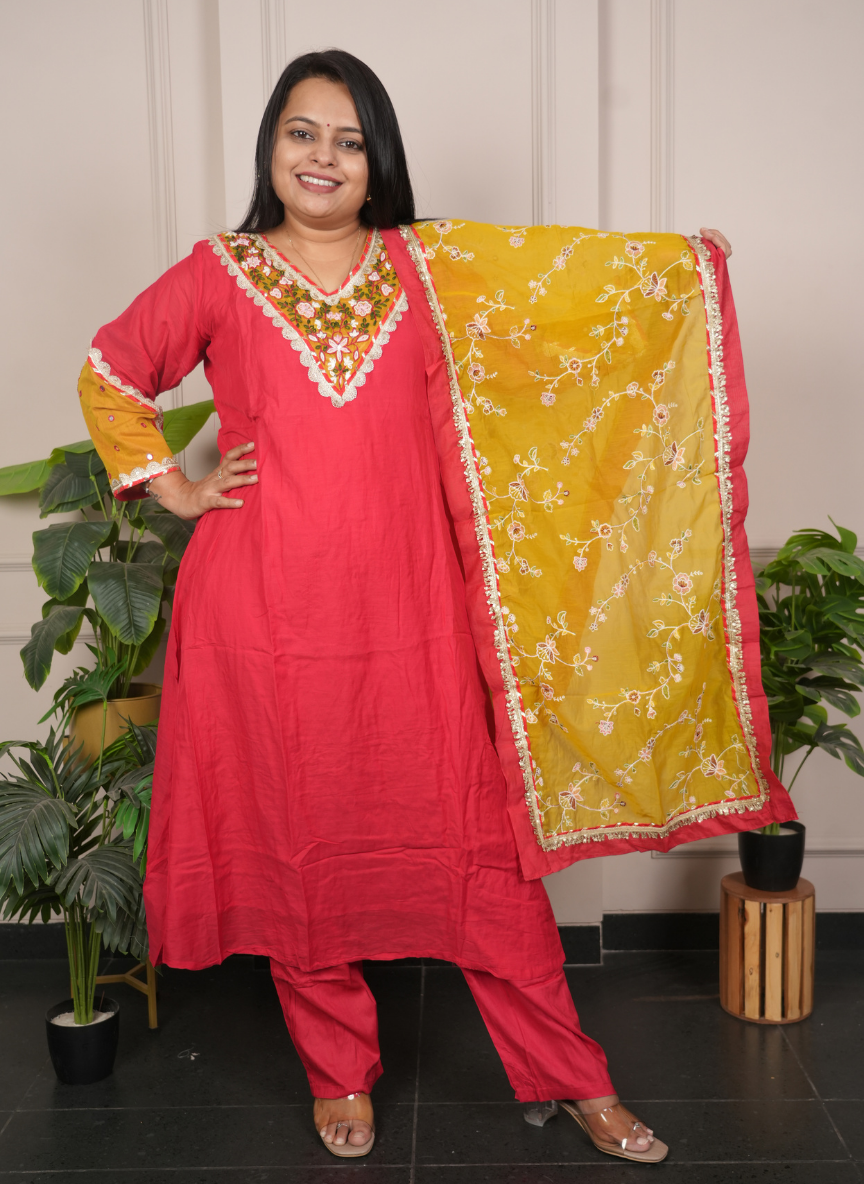 Red and yellow soft chanderi heavy dress
